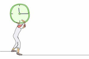 Single continuous line drawing Arab businessman carrying clock on his back. Stressed worker working under pressure to completed business project deadline. One line graphic design vector illustration