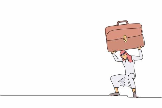 continuo uno línea dibujo árabe empresario que lleva maletín en su atrás. dificultad negocio tarea. presión carga de trabajo ansiedad desde trabajar, sobrecarga. soltero línea gráfico diseño vector ilustración