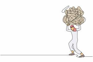 Single one line drawing Arabian businessman carrying heavy messy line on his back. Problem in economic crisis, pressure from too much responsibility. Continuous line design graphic vector illustration