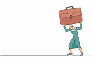 Continuous one line drawing Arab businesswoman carrying heavy briefcase on her back. Anxiety and overload work. Pressured female worker with responsibility. Single line draw design vector illustration