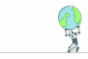 Single one line drawing of tired robot carrying heavy globe on his back. Earth exploitation, industrial pollution. World economic crisis. Future technology. Continuous line design vector illustration