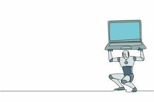 Single continuous line drawing of tired robot carrying heavy laptop computer on his back. Fatigue or burnout work at tech industry. Robotic artificial intelligence. One line design vector illustration