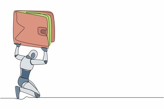 soltero continuo línea dibujo cansado robot que lleva pesado billetera en su atrás. financiero económico crisis a tecnología industria. artificial inteligencia máquina aprendiendo. uno línea diseño vector ilustración