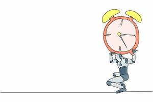 Single one line drawing tired robot carrying heavy alarm clock on his back. Work pressure at tech business project. Robotic artificial intelligence. Continuous line graphic design vector illustration