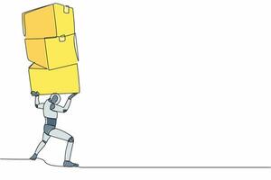 Single continuous line drawing of tired robot carrying heavy pile of box on his back. Overworked cyborg with stack of cardboard. Humanoid robot cybernetic organism. One line design vector illustration