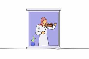 Single one line drawing Arabian man musician standing near window and playing violin in cozy room at home. People staying at home in self quarantine. Continuous line graphic design vector illustration