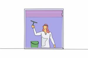 Continuous one line drawing Arab man cleaning windows with glass cleaner tools. Washing windows with bucket, detergent, wet rag. Housework. Domestic work. Single line draw design vector illustration