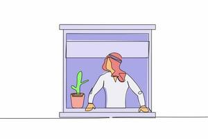 continuo uno línea dibujo curioso árabe empresario mirando fuera de ventana. permanecer a hogar durante coronavirus COVID-19. hombre con un planta acecho fuera el ventana. soltero línea diseño vector ilustración