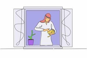 continuo uno línea dibujo árabe hombre con planta participación gato y mirando mediante ventana. permanecer hogar durante pandemia. coronavirus cuarentena aislamiento advertencia. soltero línea dibujar diseño vector ilustración