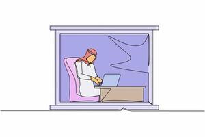 Single continuous line drawing Arab man working from home near window. Businessman sitting at desk and using laptop. Project management. Remote work or home office. One line draw graphic design vector