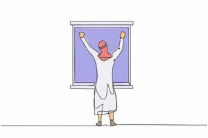 Single continuous line drawing back view relaxed Arabian man stretching arms in window after good night sleep. Good morning concept. Male standing at window. One line draw design vector illustration