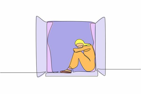 Single one line drawing desperate young Arab woman sitting on windowsill. Upset, depression, stress, melancholy, despair, frustration, life problems. Continuous line design graphic vector illustration