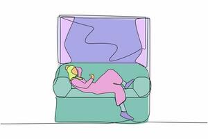 Single continuous line drawing young Arab woman lying on sofa near windowsill. Female resting in room near window. Spending time at home, relaxing after work. One line draw design vector illustration