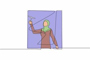 Continuous one line drawing young Arabian woman cleaning windows with glass cleaner tools. Washing windows with bucket, detergent, wet rag. Daily housework. Single line draw design vector illustration