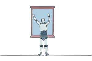 Continuous one line drawing back view relaxed robot stretching arms in window. Good morning concept. Humanoid cybernetic organism. Robotic development. Single line graphic design vector illustration