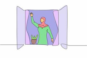 Single continuous line drawing young Arab female waving at window as look like to greet or invite people to come in. Woman looking outside from windowsill. One line graphic design vector illustration