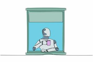 Single continuous line drawing robot enjoy hot coffee or tea in window house, holding mug, looking through window. Future technology. Artificial intelligence. One line draw design vector illustration