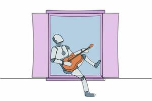 Single one line drawing robot sitting on windowsill playing guitar and sing song. Relaxation, comfort, romantic. Modern robotic artificial intelligence. Continuous line draw design vector illustration