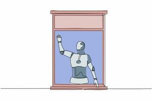 Continuous one line drawing robot waving at window as look like to greet or invite friends to come in. Humanoid robot cybernetic organism. Future robotic. Single line draw design vector illustration