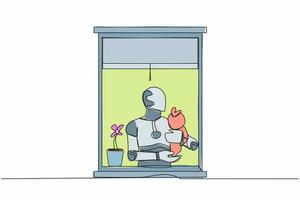 Single continuous line drawing robot holding newborn baby cyborg near window. Future technology development. Artificial intelligence and machine learning processes. One line design vector illustration