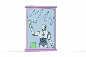 soltero uno línea dibujo de robot limpieza ventanas con vaso limpiador herramientas. Lavado ventanas con balde, detergente, mojado trapo. robótico artificial inteligencia. continuo línea diseño vector ilustración