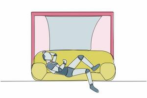soltero uno línea dibujo robot acostado en sofá cerca antepecho a hogar. gasto tiempo, relajante después trabajar. moderno robótico artificial inteligencia. continuo línea dibujar diseño gráfico vector ilustración