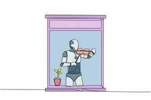 soltero continuo línea dibujo robot músico en pie cerca ventana y jugando violín en habitación a hogar. futuro tecnología desarrollo. artificial inteligencia. uno línea dibujar diseño vector ilustración