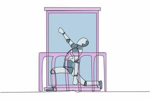 Continuous one line drawing robot with headphone practices yoga near window or balcony. Sports, workout, exercise activity. Humanoid robot cybernetic organism. Single line design vector illustration