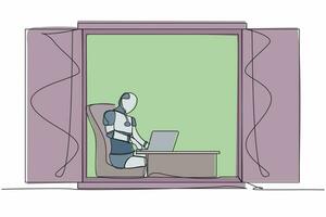 Single continuous line drawing robot sitting at desk and using laptop near window. Factory management. Future technology development. Artificial intelligence. One line draw design vector illustration