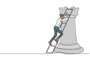 Continuous one line drawing active businessman climb huge rook chess piece with ladder. Company strategy success using powerful move for advantage. Single line draw design vector graphic illustration