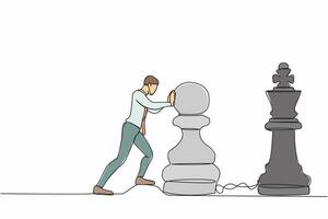 Continuous one line drawing intellect businessman push huge pawn chess piece to beat king. Strategic thinking and smart move in business play game. Single line draw design vector graphic illustration