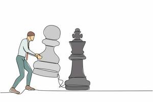 Single one line drawing businessman lifting pawn chess piece to beat king chess. Strategic planning, business development strategy, tactics in game. Continuous line graphic design vector illustration