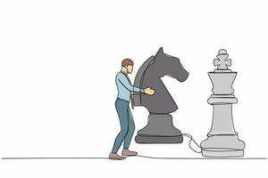 soltero continuo línea dibujo empresario participación caballo ajedrez pedazo a golpear Rey ajedrez. estratégico planificación, negocio desarrollo estrategia, táctica en juego. uno línea gráfico diseño vector ilustración