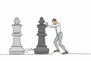 Single continuous line drawing competitive businessman push huge king chess piece to beat another king. Business strategy and marketing plan concept. One line draw graphic design vector illustration