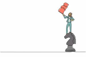 Single one line drawing businesswoman standing on top of big horse chess piece and waving a flag. Defeat competitors in business as winning chess game. Continuous line draw design vector illustration