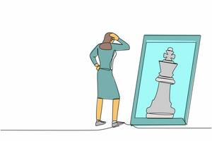 Single one line drawing young businesswoman standing in front of mirror, reflecting chess king. Metaphor of confidence. Success business, opportunities. Continuous line design draw vector illustration