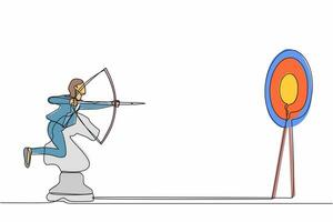 Continuous one line drawing precise businesswoman holding archery and aiming target while riding horse chess piece. Strategic move for winning competition. Single line draw design vector illustration