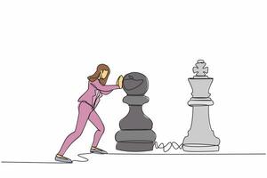 Continuous one line drawing competitive businesswoman push huge pawn chess piece to beat king. Strategic thinking, smart move in business play game. Single line draw design vector graphic illustration