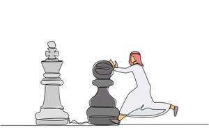 Continuous one line drawing intellect Arab businessman push huge pawn chess piece to beat king. Strategic thinking and smart move in business play game. Single line design vector graphic illustration