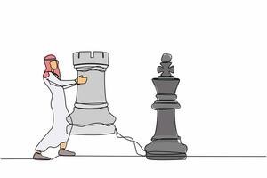 Single continuous line drawing Arab businessman holding rook chess piece. Strategic planning, business development game strategy, tactics in entrepreneurship. One line draw design vector illustration