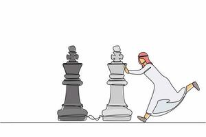 Single continuous line drawing competitive Arabian businessman push huge king chess piece to beat another king. Business strategy and marketing plan concept. One line draw design vector illustration