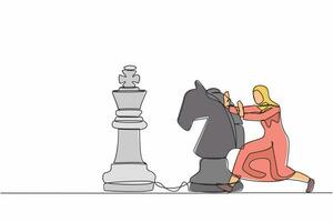 Single continuous line drawing attractive Arab businesswoman push huge horse chess piece to beat king. Strategic thinking and smart move in business play game. One line draw design vector illustration