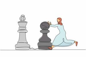 Single continuous line drawing attractive Arabian businesswoman push huge pawn chess piece to beat king. Strategic thinking, smart move in business play game. One line draw design vector illustration