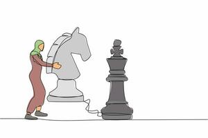 Single one line drawing Arab businesswoman holding horse chess piece to beat king chess. Business development strategy, winning competition, tactics in game. Continuous line design vector illustration