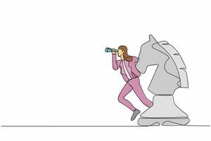 soltero continuo línea dibujo mujer de negocios líder en pie en caballo ajedrez pedazo utilizando telescopio a ver negocio visión. líder hacer decisión o oportunidad. uno línea dibujar diseño vector ilustración