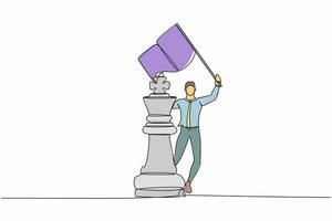 Single one line drawing businessman waving flag on king chess piece metaphor of win competition. Success strategy and goal achievement. Modern continuous line draw design graphic vector illustration