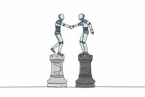 Single one line drawing robot leader shaking hand on rook chess. Collaboration strategy in tech industry. Modern robot artificial intelligence. Continuous line draw design graphic vector illustration