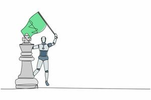 Continuous one line drawing robot waving flag on king chess piece metaphor of win competition. Humanoid robot cybernetic organism. Future robot development. Single line draw design vector illustration