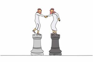 Single one line drawing Arabian businessman leader shaking hand on rook chess. Partnership decision, collaboration strategy to success together concept. Continuous line draw design vector illustration