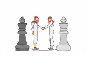 Continuous one line drawing two Arab businessmen shaking hands together while standing between of king chess pieces. Agreement or partnership decision. Single line design vector graphic illustration